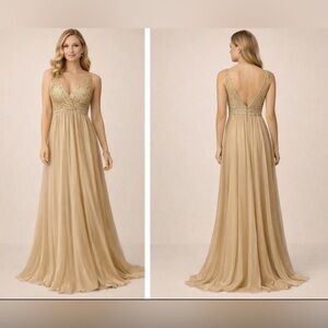 La Femme Long Formal Dress Maxi 4 Gold Chiffon Sequin Wedding Party Cruise Prom
